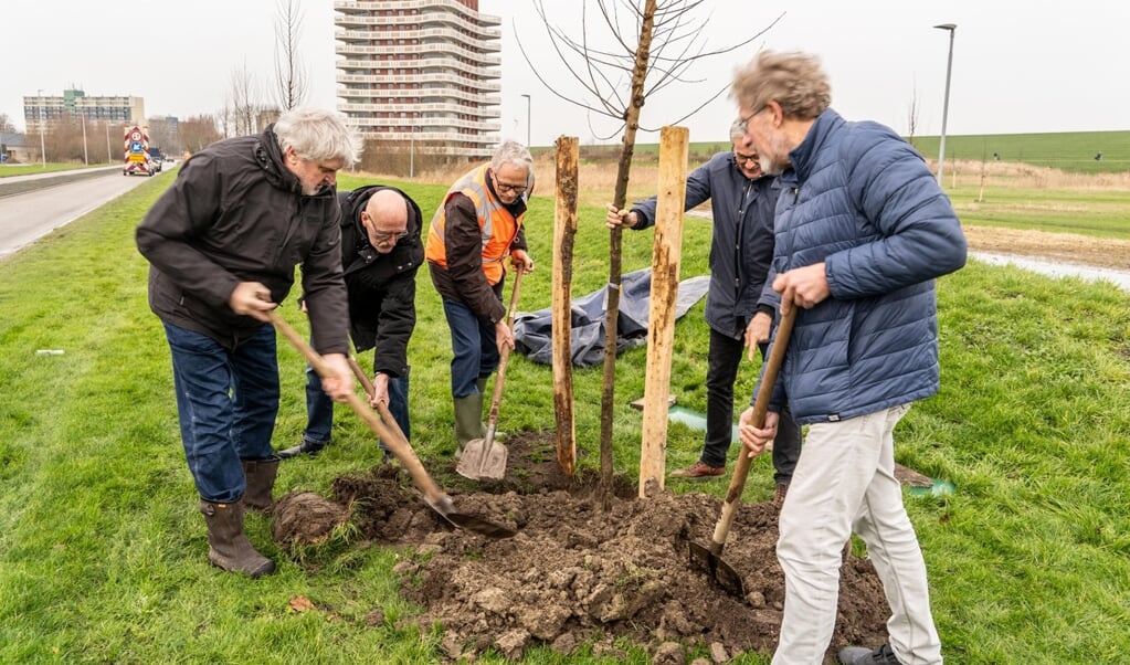 Cor Kappen, Jan Beekman, Henk Lameijer, Pier Prins en Peter Hellinga planten 'de eerste boom' (foto Gemeente Eemsdelta).