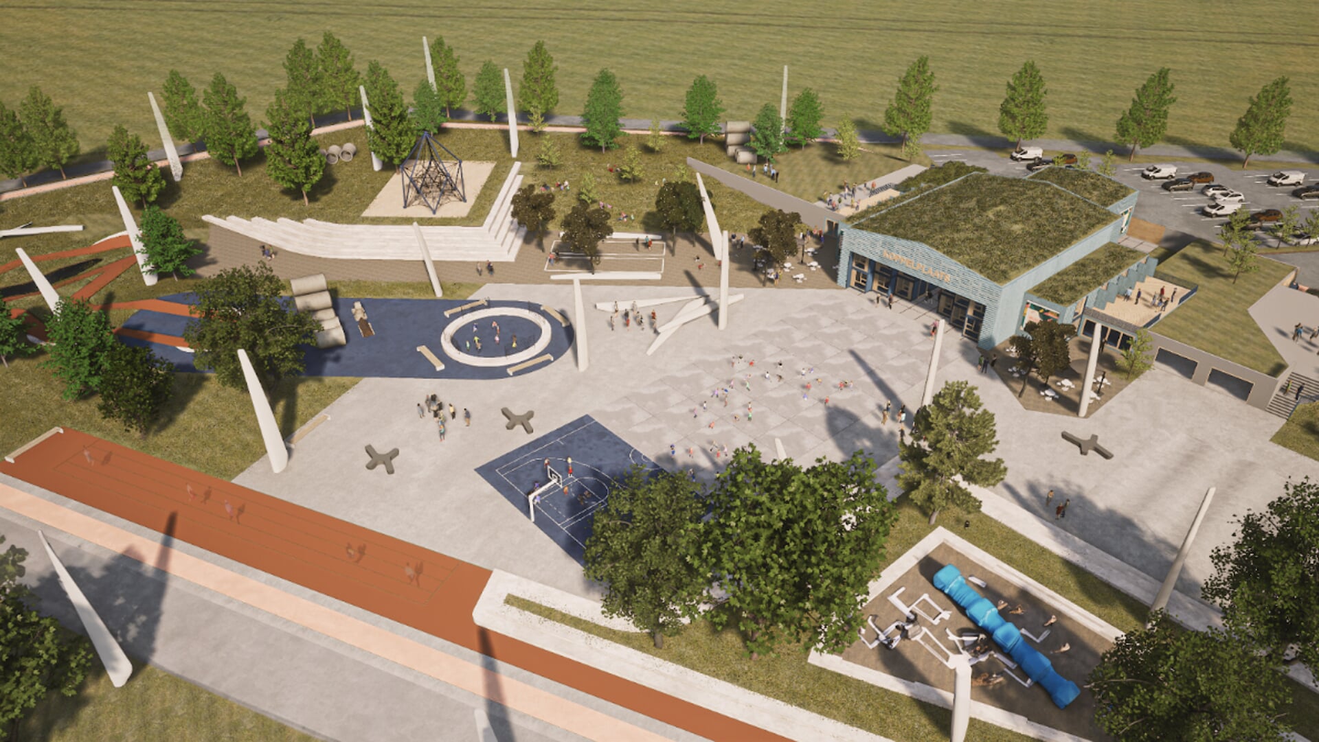 Het voorlopig ontwerp van de Koppelplaats (rechtsboven), met op de voorgrond het Urban Sports Park Appingedam.