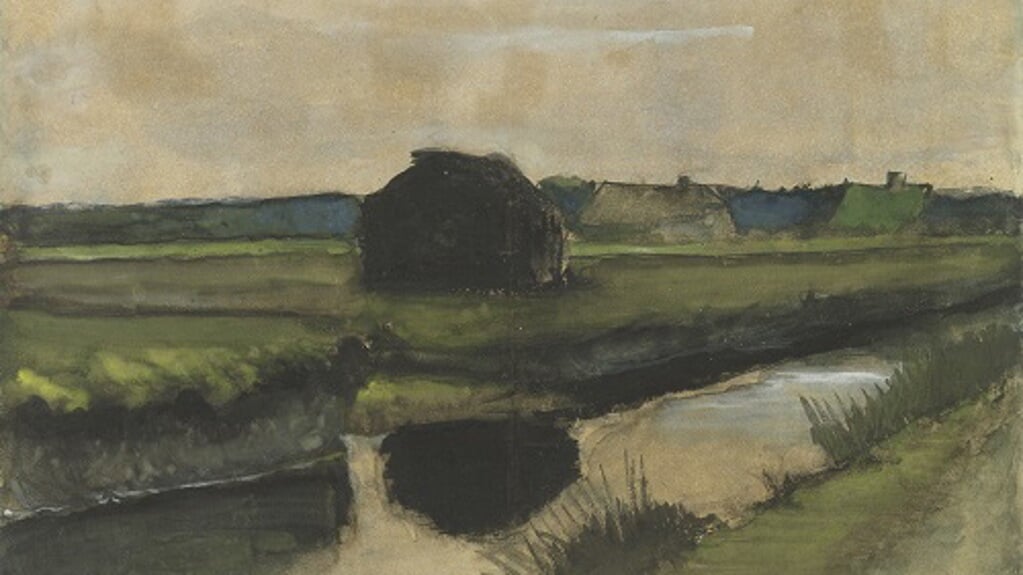 Landschap met turfhoop en boerderijen van Vincent van Gogh