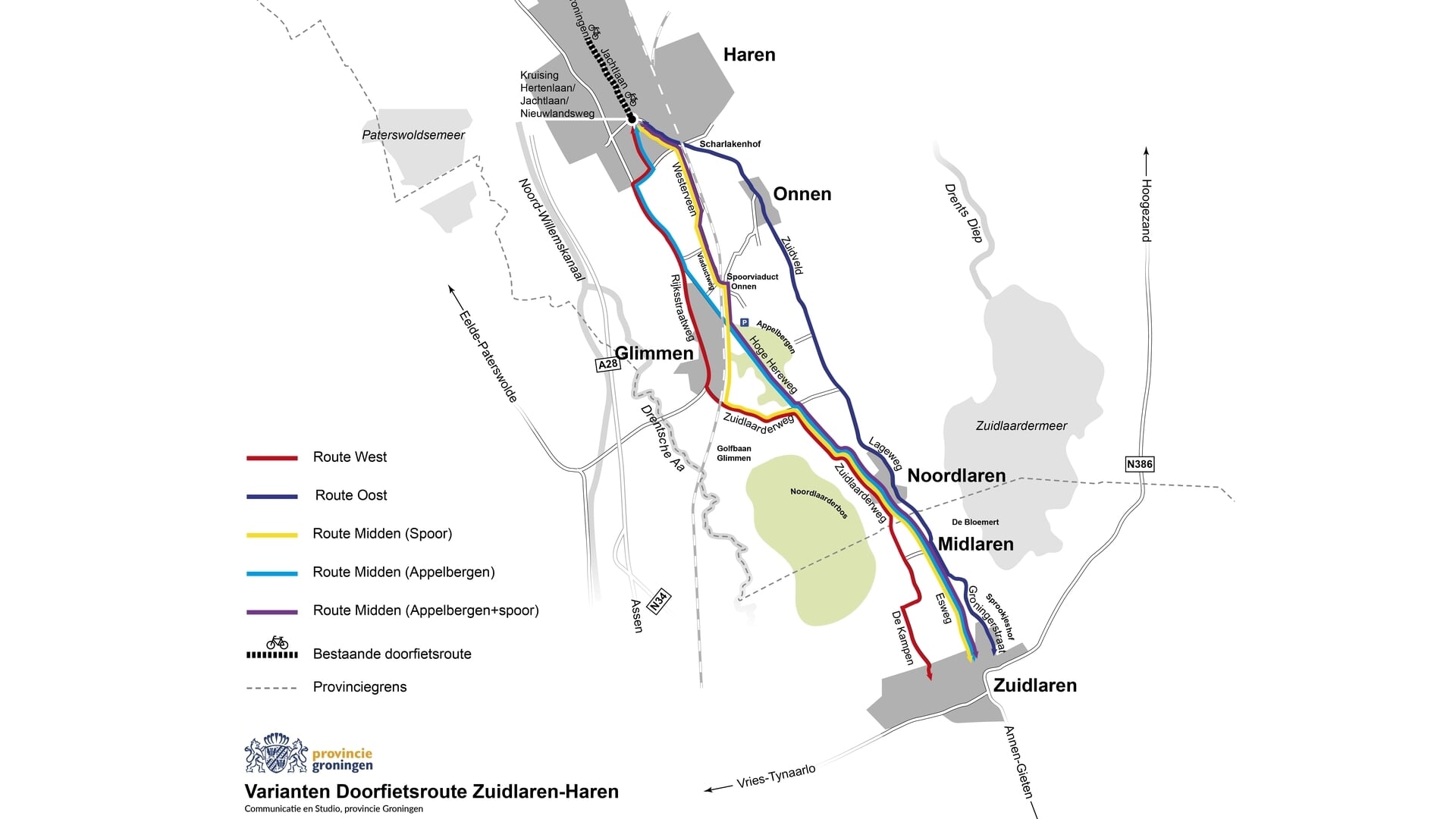 Op de kaart staan de vijf haalbare routes die in de variantenstudie zijn uitgewerkt en vergeleken. (foto: provincie Groningen)