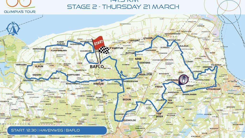Het routekaartje van de etappe in Noord-Groningen.