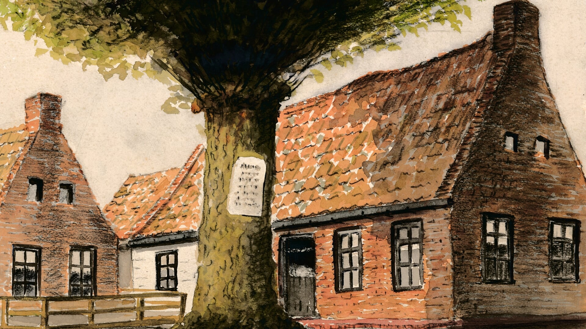 Een tekening van Koos Scholma: de hoek Ossegang (nu de Geert Reindersstraat) en Hoofdstraat in Winsum in 1930.