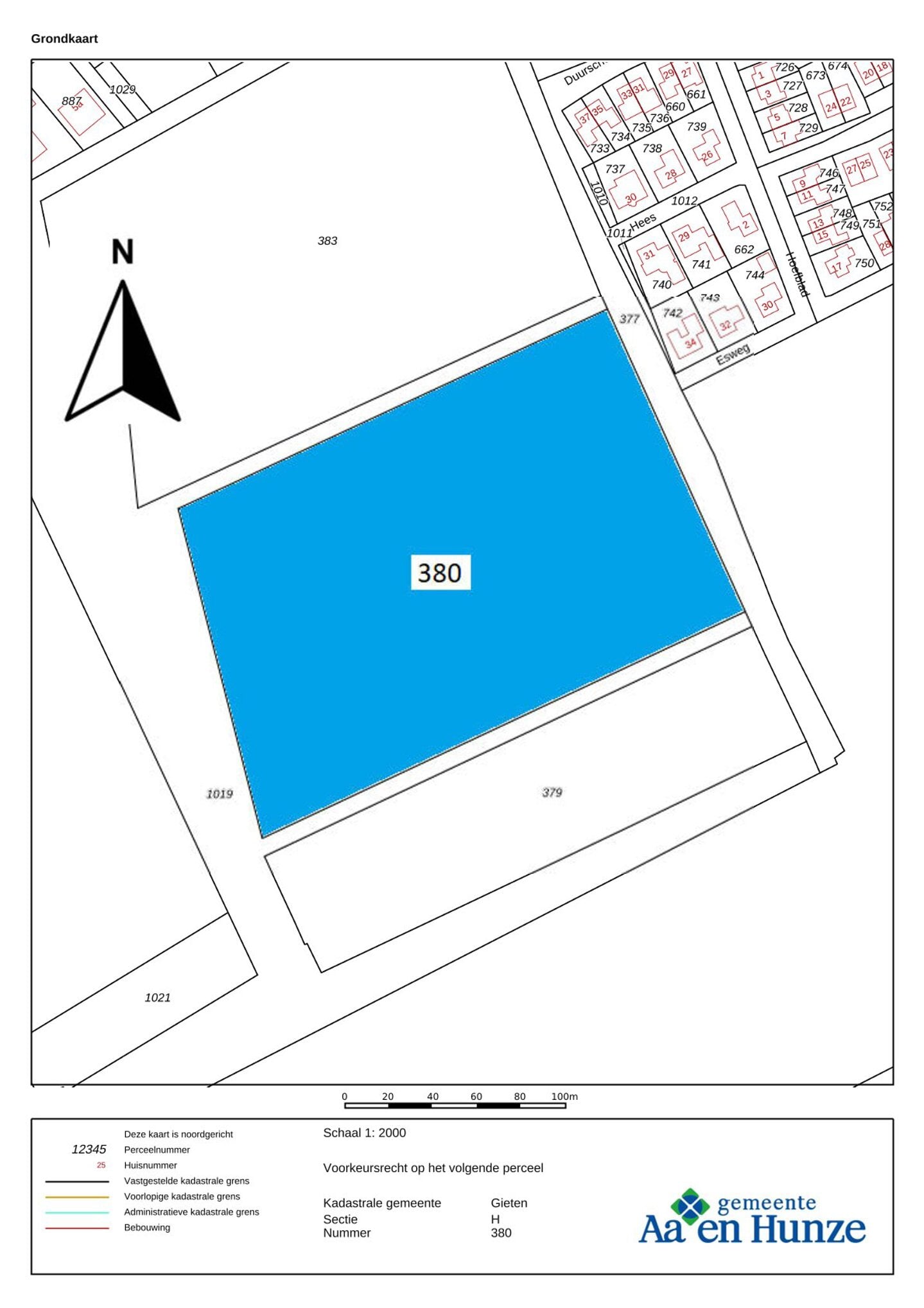 De drie percelen ten westen van de wijk Duurschen in Gieten waar het voorkeursrecht op van toepassing wordt. (383, 380 en 379.