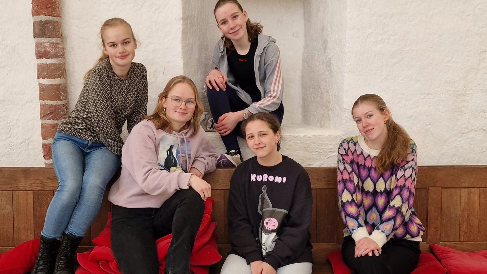 De Termunter toneelgroep (vanaf links): Eva Perdok, Maaike Perdok, Marlies Kuiper, Zoey van der Wal en Nina Klopstra (eigen foto).