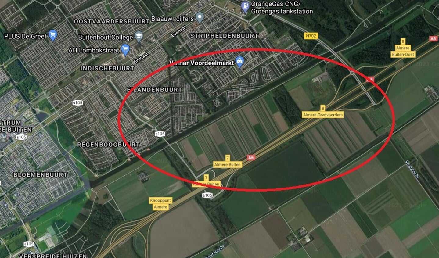 Het terrein tussen de A6 en de Eilandenbuurt. (Foto: Google Maps)