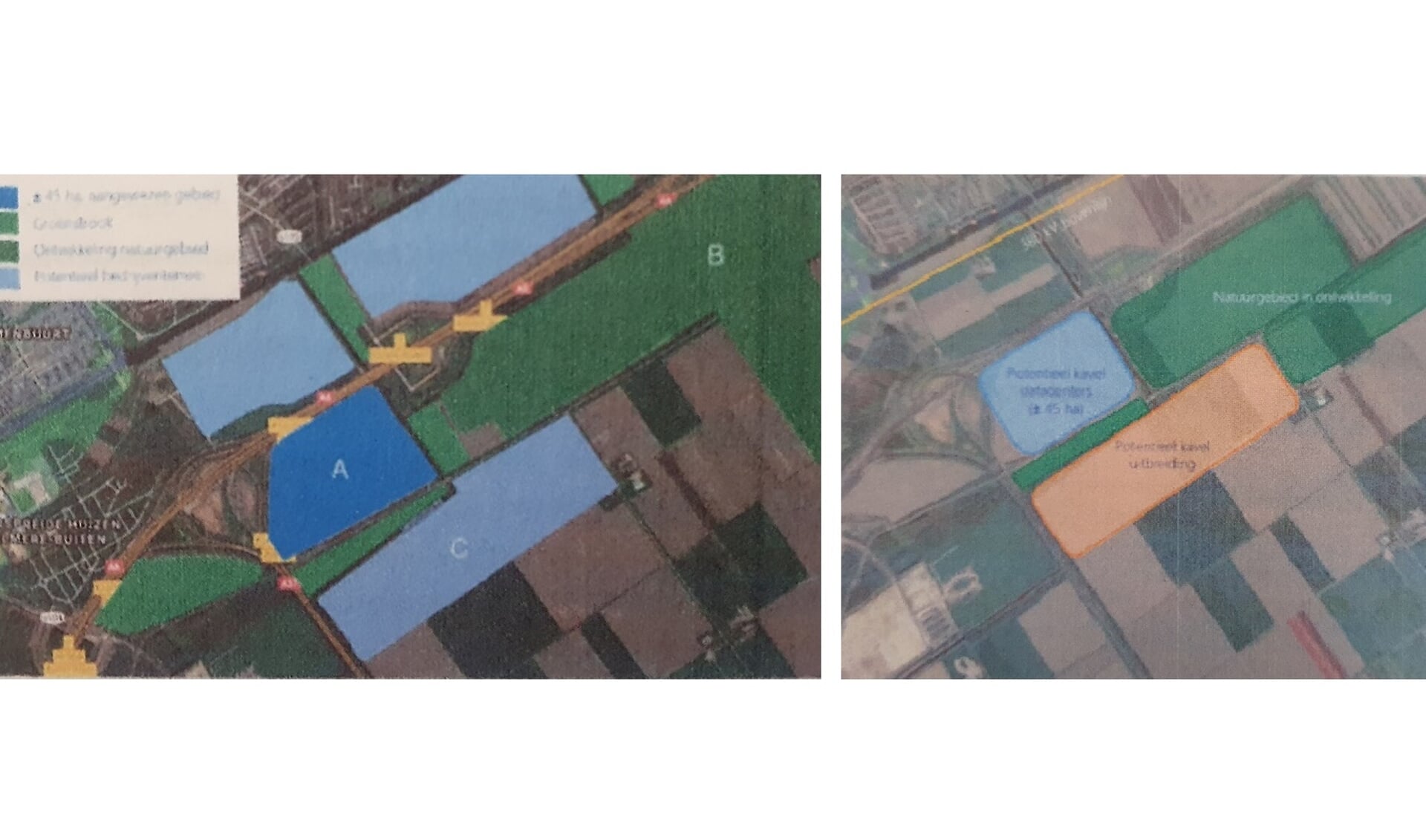 De foto met blauwe locaties. Rechts is de openbare versie. (Foto: Almere DEZE WEEK)