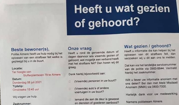 De brief die werd bezorgd bij bewoners. (Foto: HV Almere)