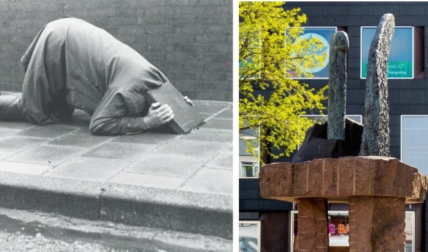 <p>Links Gudmundson met geconcentreerde aandacht voor wat er onder een opgelichte stoeptegel te zien is ('event' uit 1975) en rechts zijn kunstwerk op de Grote Markt.</p>