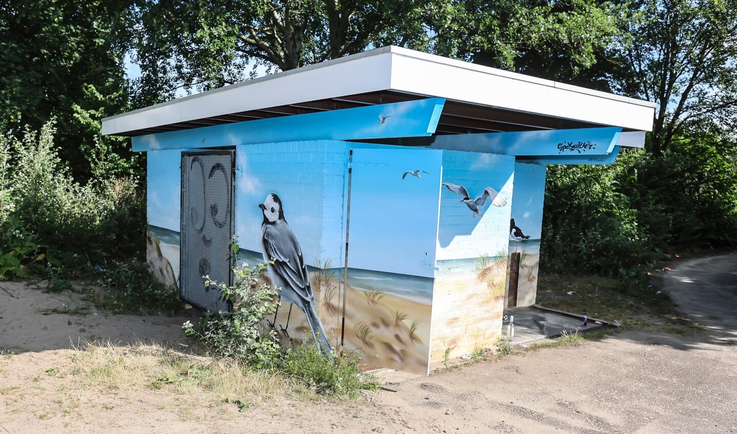 De toiletgebouwtjes op het Almeerderstrand zijn door kunstenaars onder handen genomen. (Foto: Fred Rotgans)