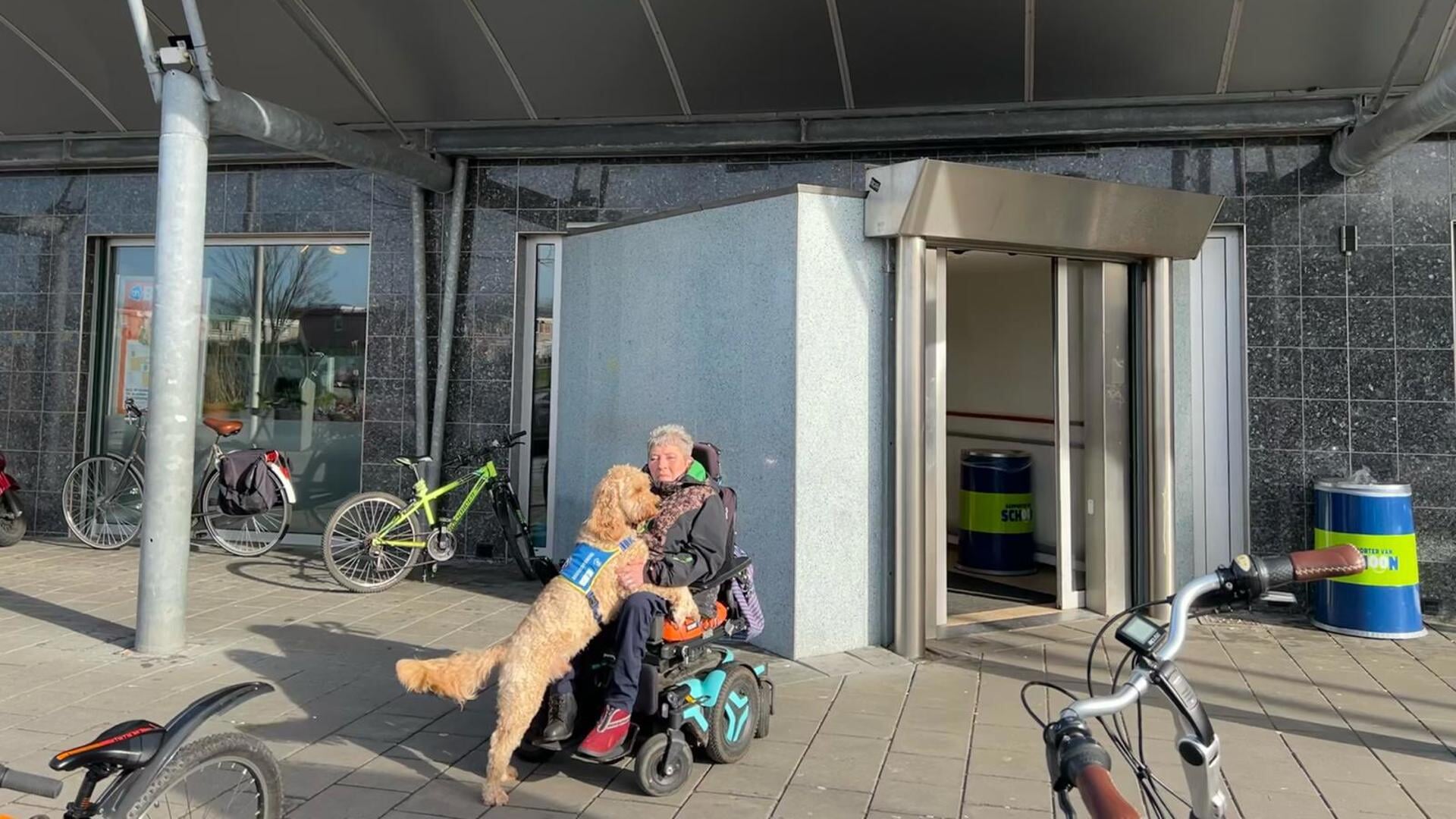 Sandra Borst en hulphond Kenzo voor de Albert Heijn aan het 's-Hertogenboschplein (Foto: Almere DEZE WEEK)