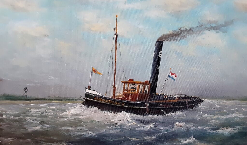 Op deze sleepboot, Broedertrouw 9, heeft Wim den Boer als matroos gevaren. Het schilderij is gemaakt door L. van Gent.