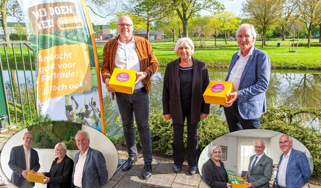 Burgemeester, wethouder van Duurzaamheid en het lokale bestuur voor Fairtrade. Foto: Cees van Meerten