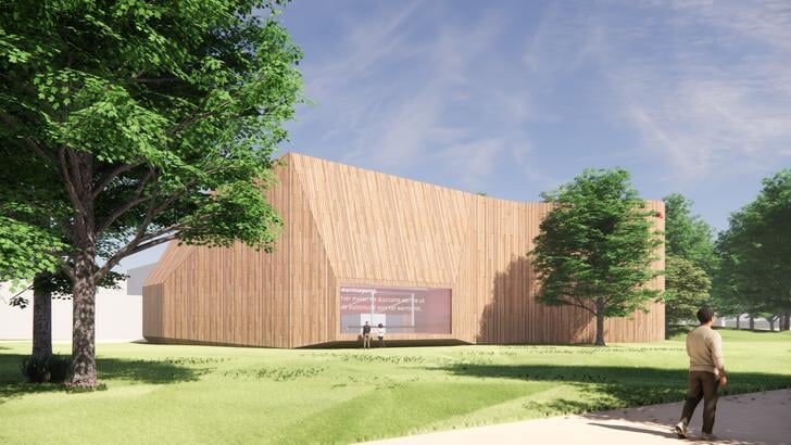 Een artist's impression van de lucht-waterwarmtepomp in het Baxpark