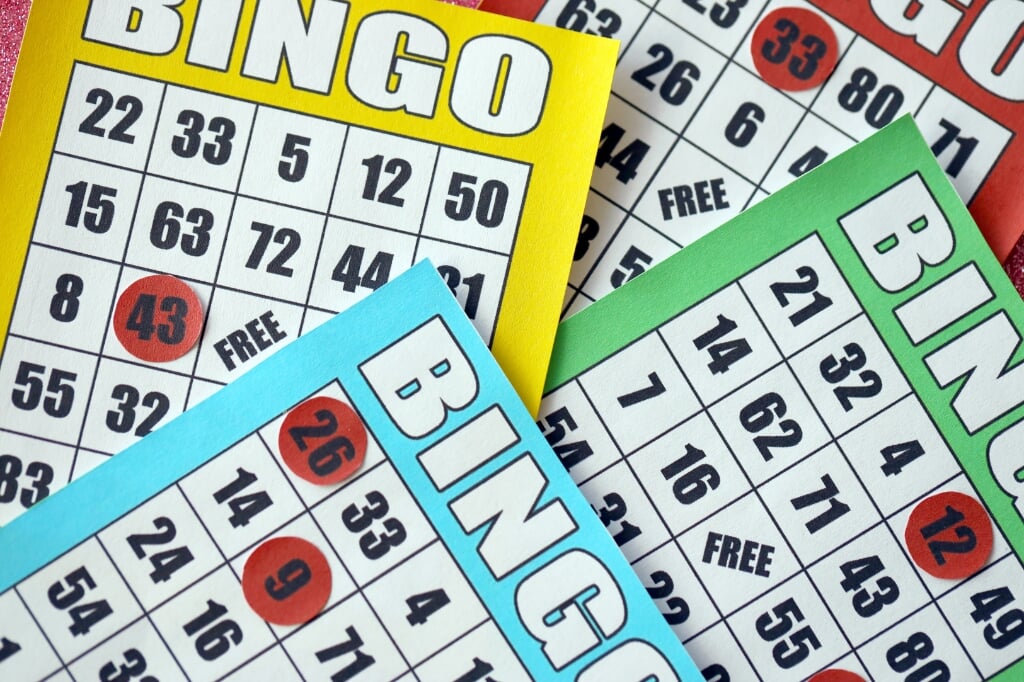 Many colorful bingo boards or playing cards for winning chips. Classic american or canadian five to five bingo cards on bright background