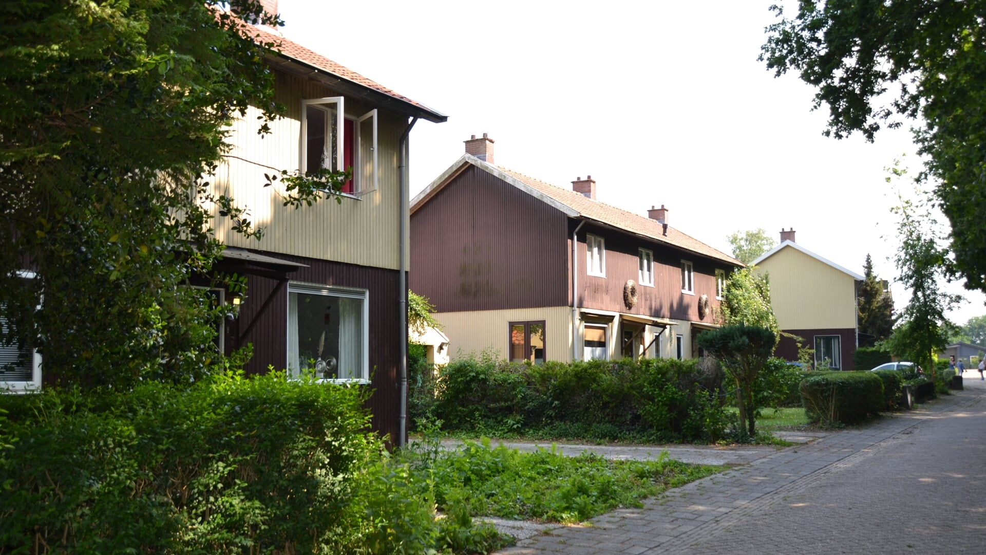 De woningen aan de Zweedsestraat die gebouwd zijn na de Watersnoodramp in 1953 grenzend aan landgoed de Hertgang in Halsteren.