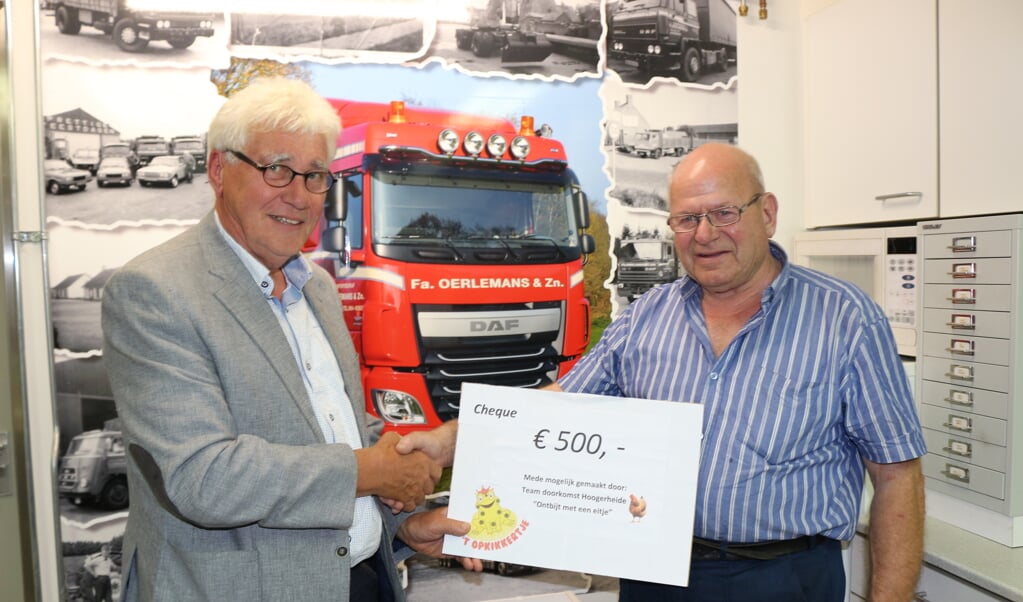 Willem Oerlemans (rechts) overhandigt de cheque aan Toine van Agtmaal (links)