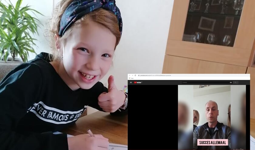Lisa de Dooy zit net als alle andere basisschoolleerlingen thuis maar houdt contact met haar leraar Niek Bruijns.