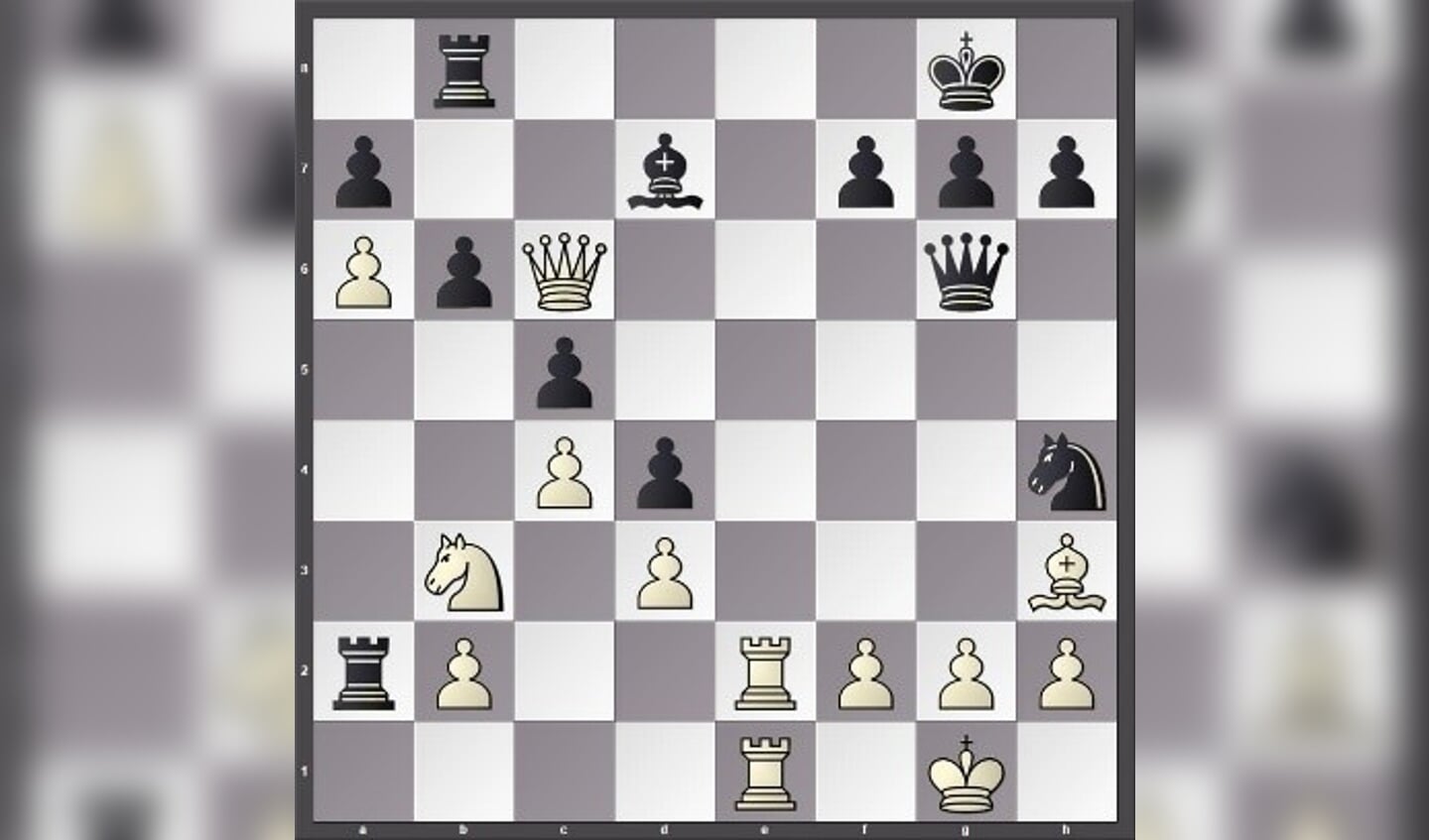 Een volle stelling links, maar wit kan in een aantal zetten winnen door zwart schaakmat te zetten, de vraag is hoe?