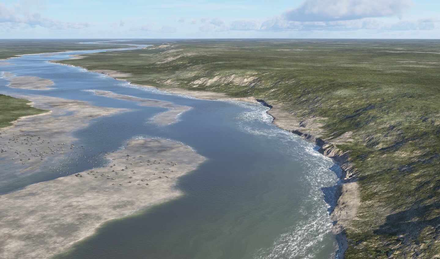 De Brabantse Wal met de rivier Schelde aan de voet, 15.000 jaar geleden. Foto: Geopark Schelde Delta. Kudde rendieren waadt door het water naar de Brabantse Wal aan het einde van de IJstijd.