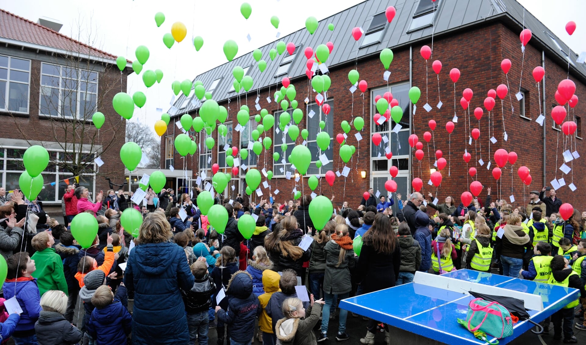 Leerlingen van De Schelven-Weijerhof laten ballonnen op. (foto: Ingrid Driessen)