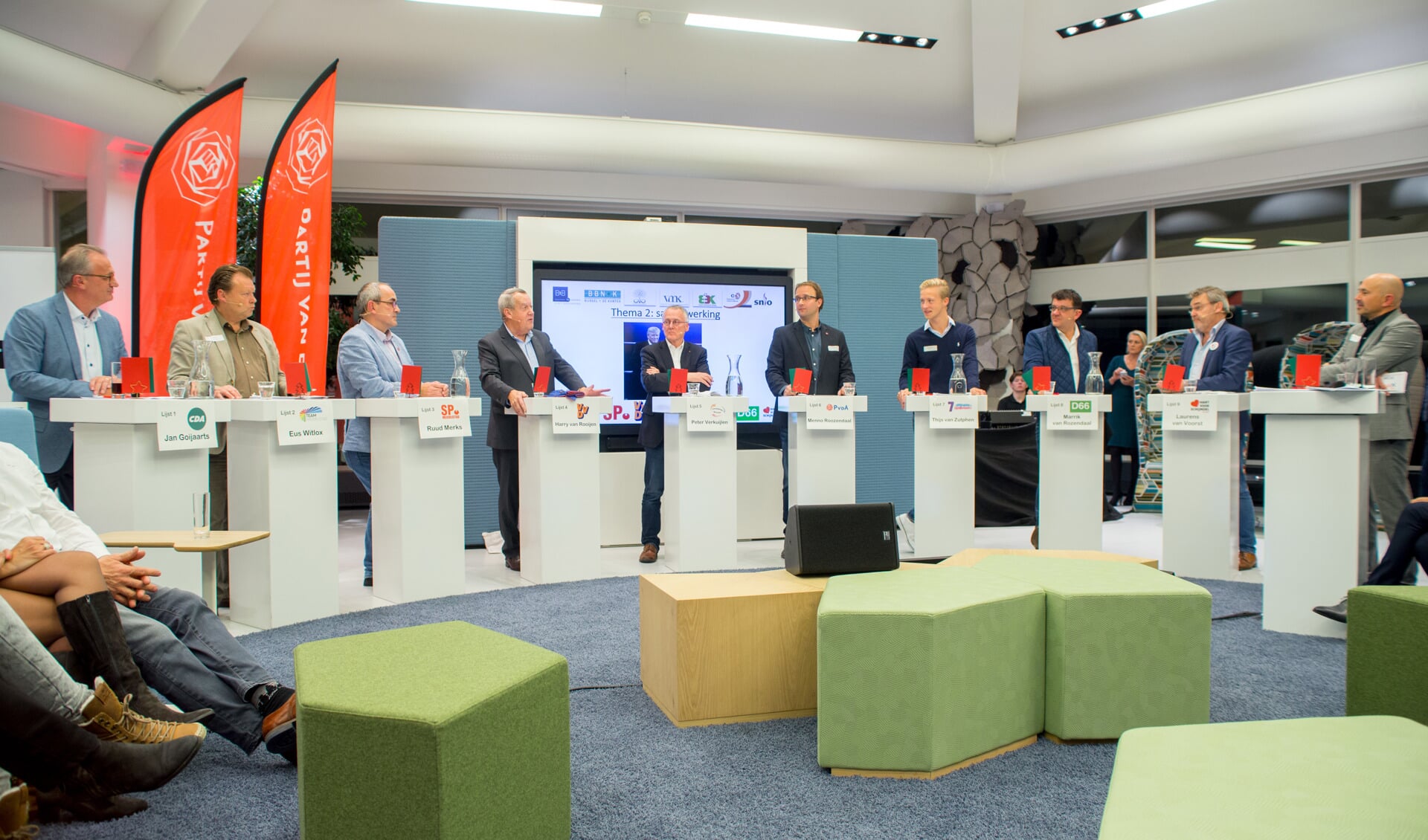 De negen lijsttrekkers in debat voor ondernemend Meierijstad (foto Margot van Kleef).