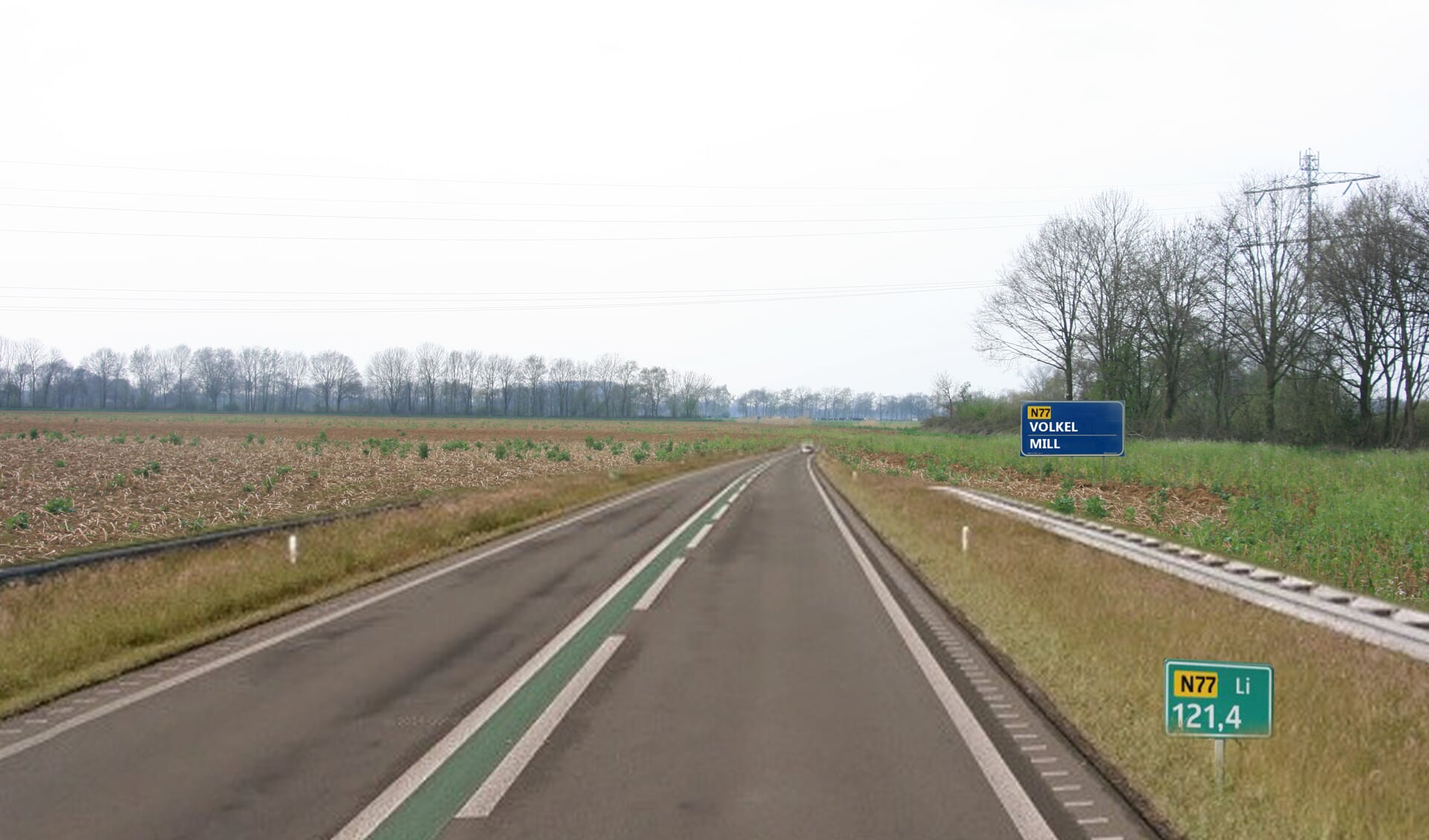 Illustratie van de N77, gezien vanaf knooppunt Rijkevoort in de richting Uden/Mill.