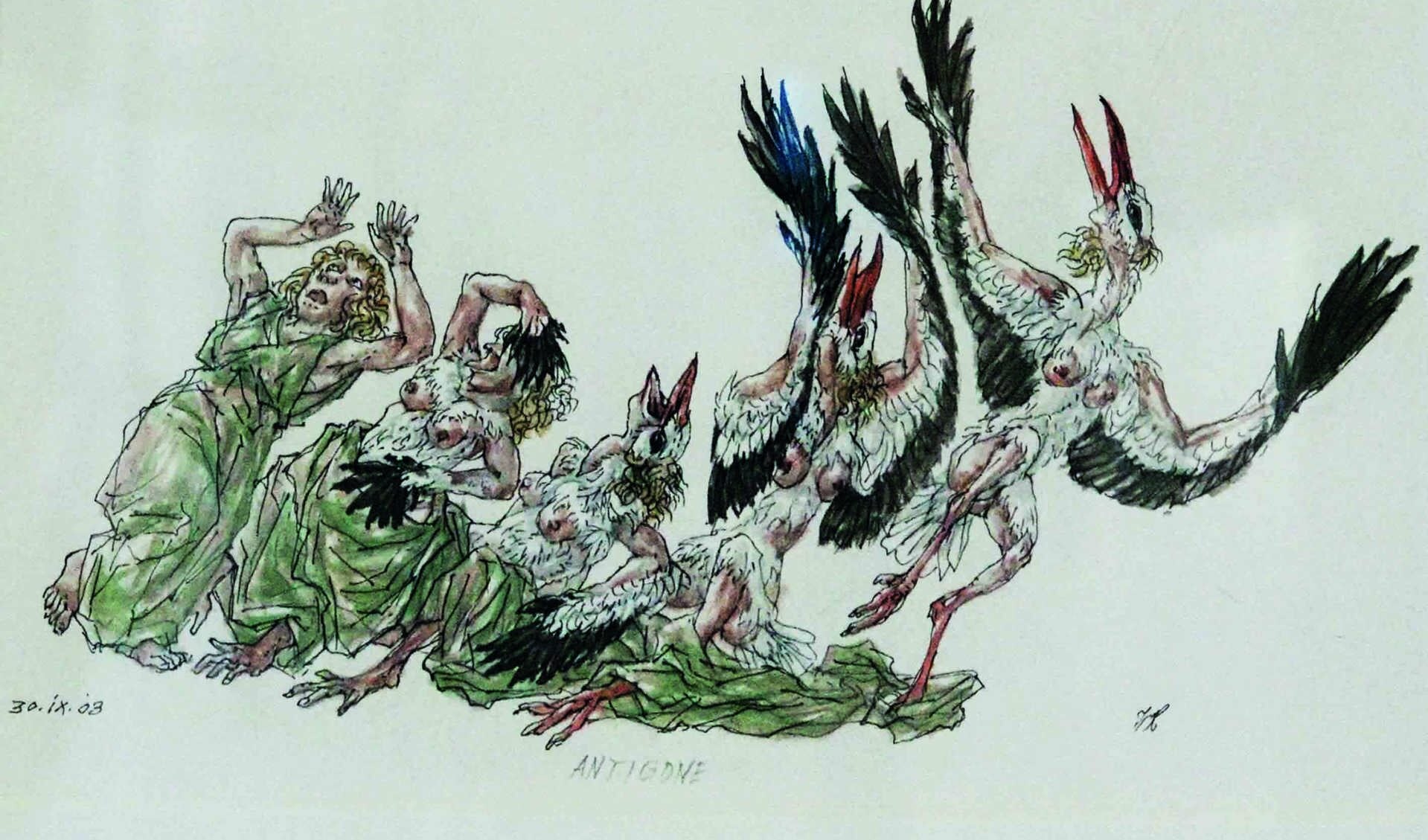 Het werk 'Antigone' - pen, inkt en aquarel van Peter Vos - is te zien op de zomerexpositie in Het Petershuis