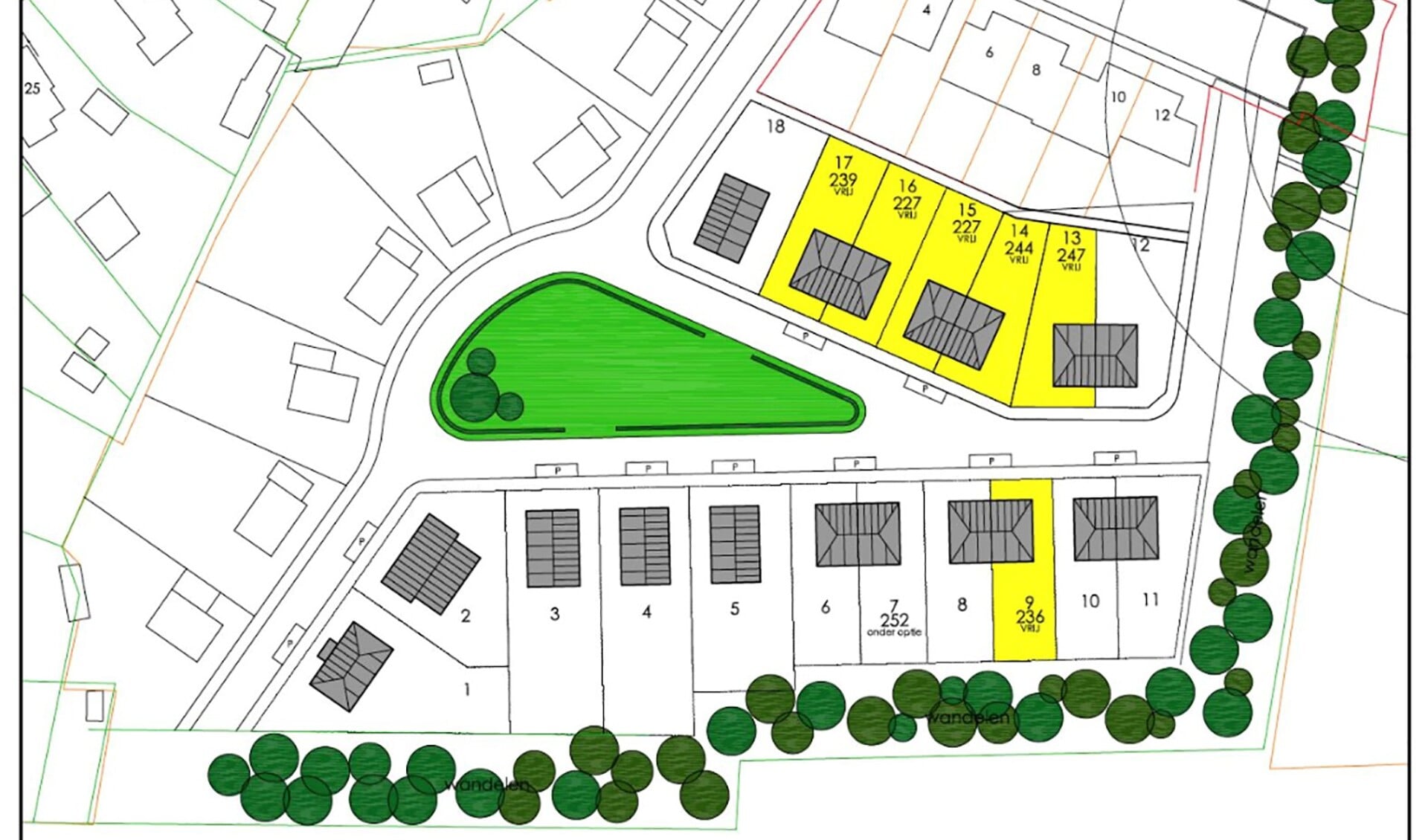Het CPO-bouwplan in Beers. De geel gearceerde woningen zijn nog te koop. 