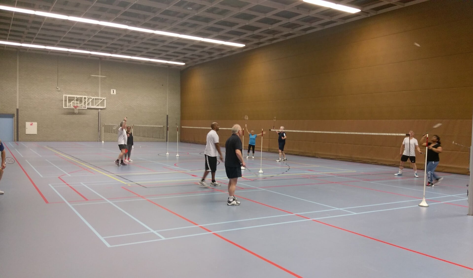 Recreanten aan het badmintonnen bij BVC'74 in De Kwel in Cuijk.