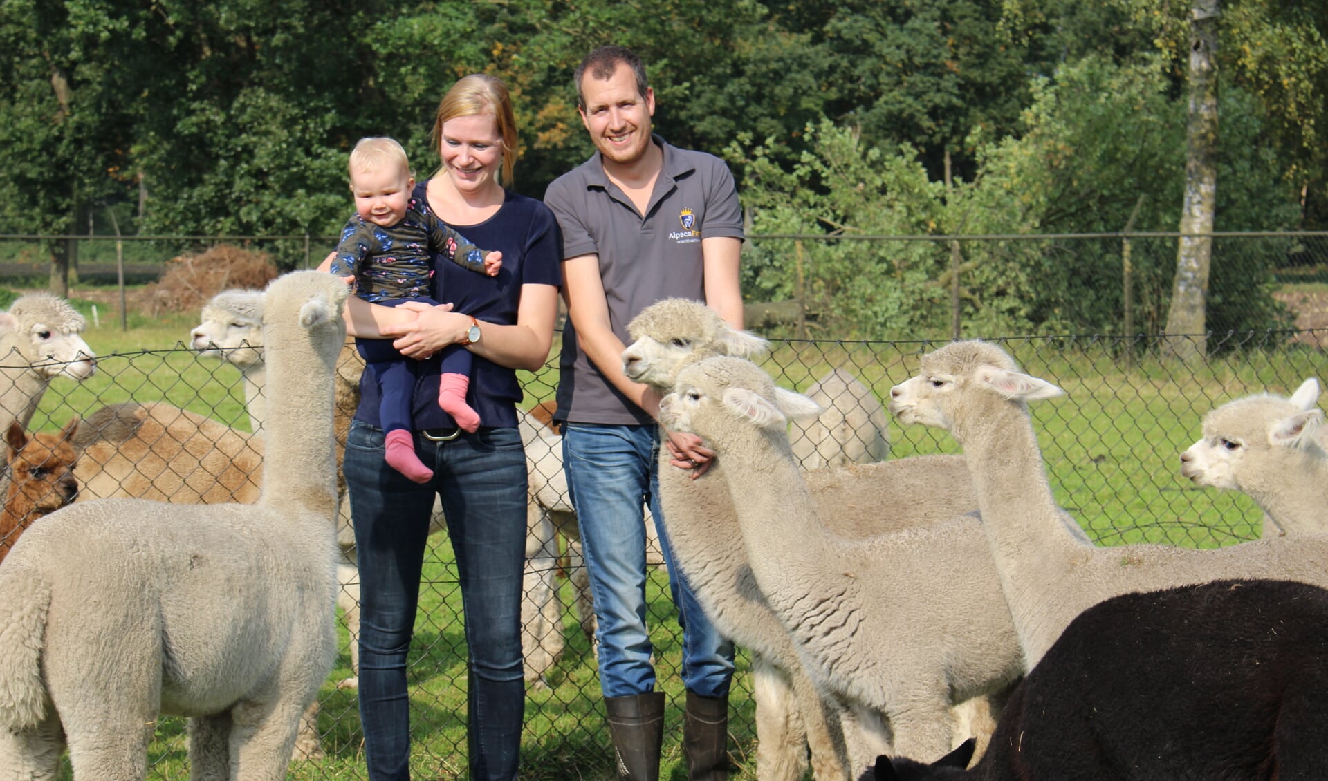 Willem-Mathijs, Anne en Evi (1) bij hun alpaca's. 