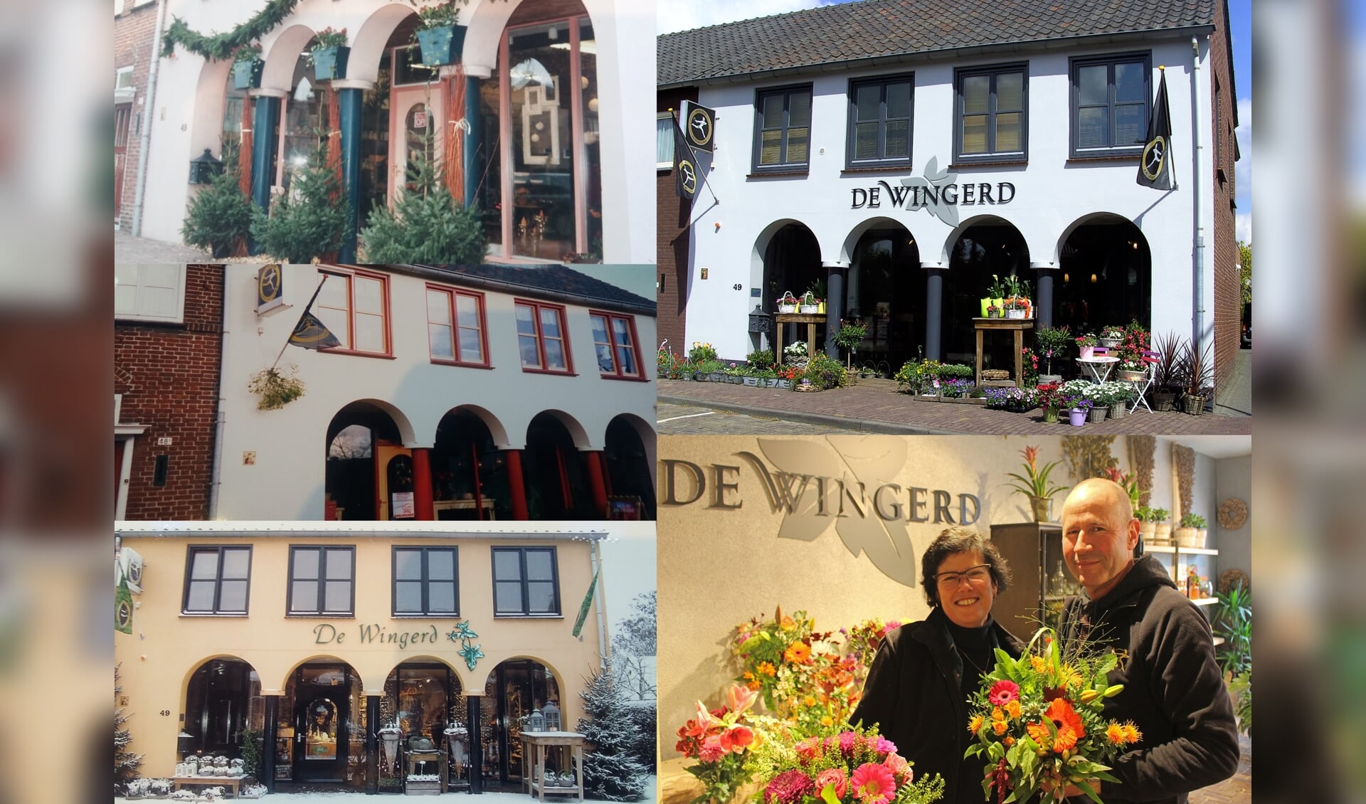 Bloemenhuis De Wingerd door de jaren heen. Rechtsonder trotse eigenaren Maja en Wilfred Olijhoek. 