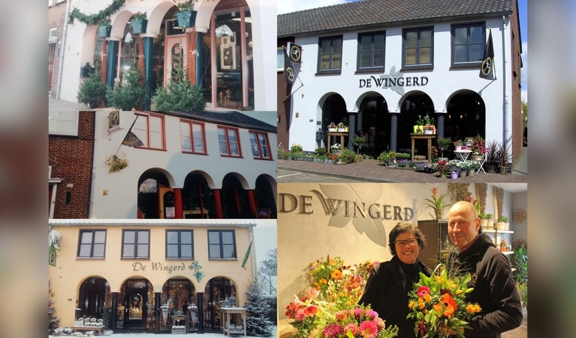 Bloemenhuis De Wingerd door de jaren heen. Rechtsonder trotse eigenaren Maja en Wilfred Olijhoek.   
