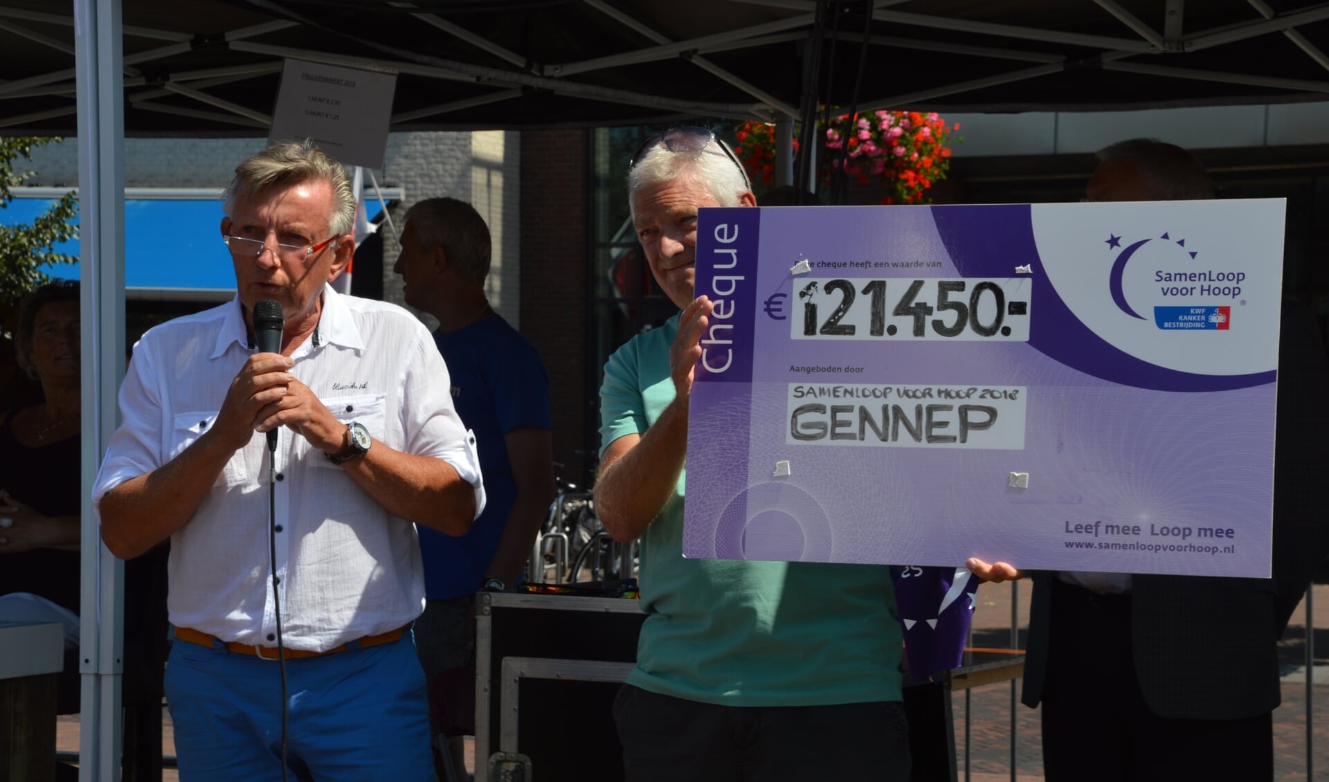 Teus van Leeuwen (links) en Ruud Zwollo maakten het opgehaalde eindbedrag van SamenLoop voor Hoop Gennep bekend. 