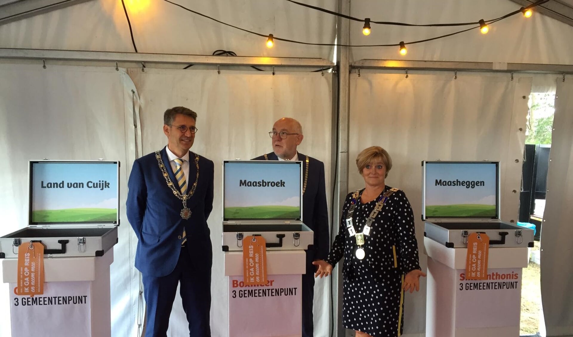 De burgemeesters Wim Hillenaar (Cuijk), Marleen Sijbers (Sint Anthonis) en Karel van Soest (Boxmeer) maakten onlangs de drie mogelijke namen voor de nieuwe fusiegemeente bekend.