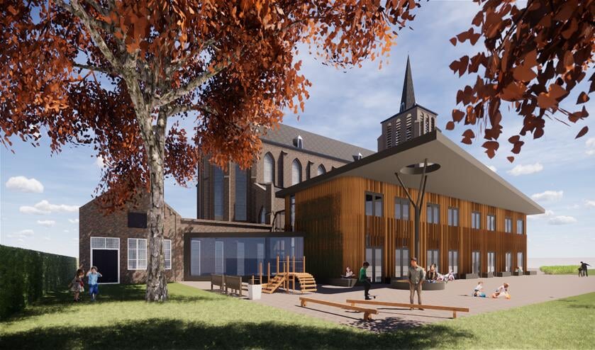 Het aanzicht van de school tussen kerk en pastorietuin.