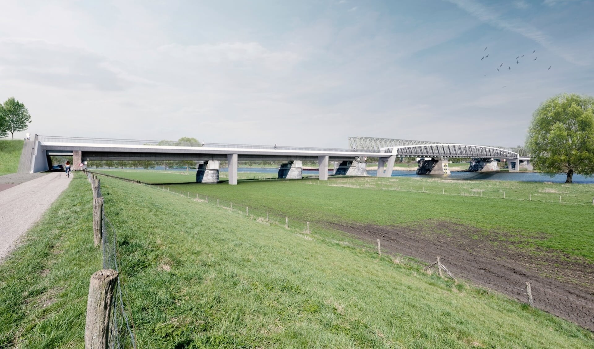 Artist impression van de fietsbrug die tussen Katwijk en Mook wordt aangelegd.