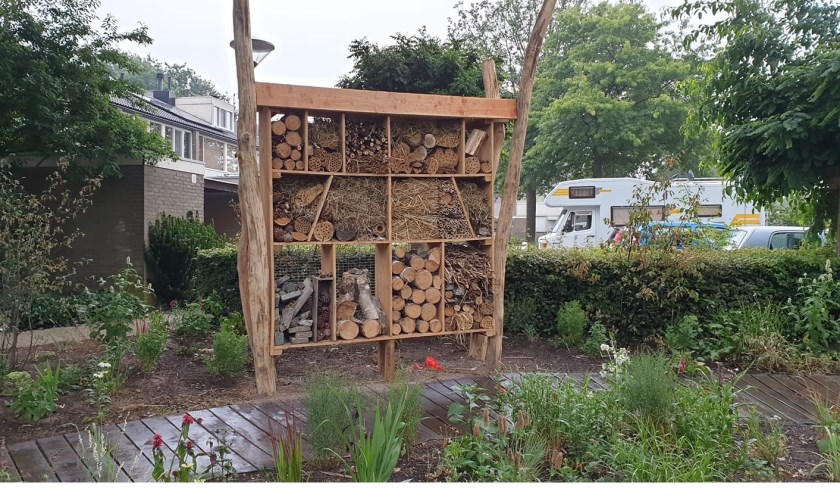 Bewoners en begeleiders van het Elzeneindhuis en wijkraad Ruwaard maakten het Slowpad met insectenhotel.