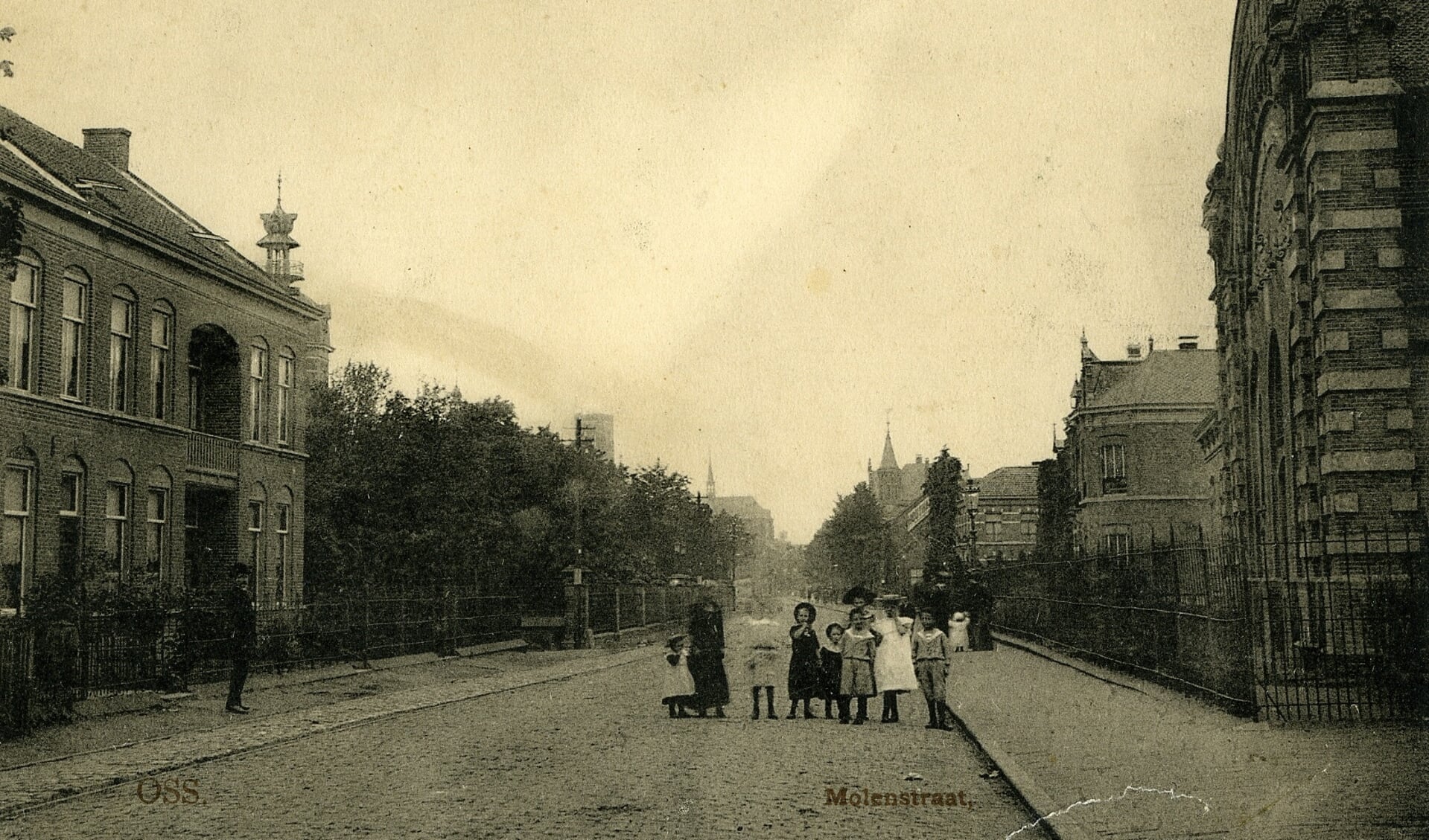 Op deze ansichtkaart uit 1904 staat De Molenstraat in Oss, gezien vanaf de kruising met de Spoorlaan. (Foto: Collectie Stadsarchief Oss)