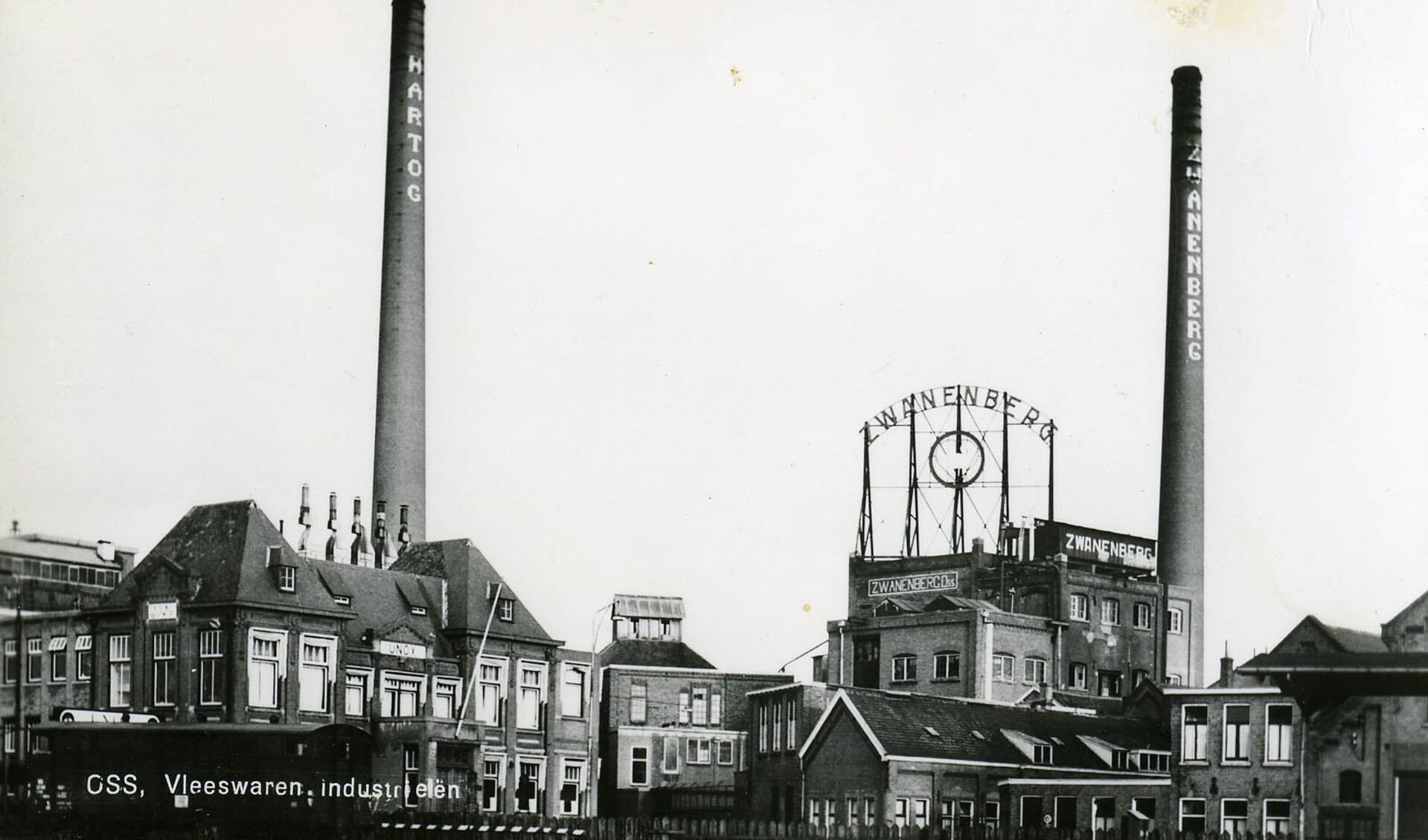 De vleesverwerkende fabrieken van Hartog en Zwanenberg aan de Gasstraat, gezien vanaf station Oss, in 1960. 