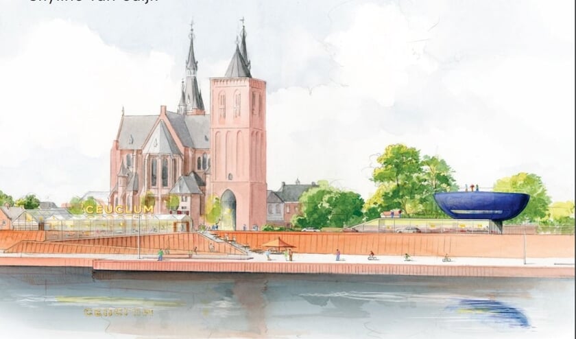 Impressie van het Romeins Kwartier in Cuijk, gezien van de Maas. (impressie: Communicatiebureau Di-Visie)
