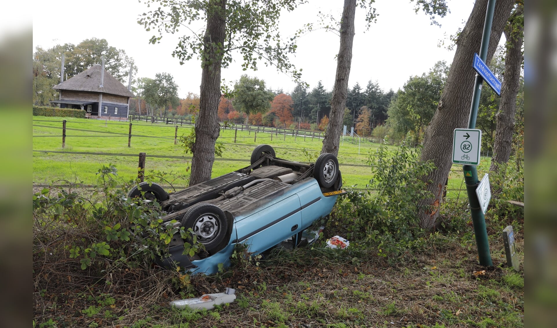 Volgens de politie is ze de macht over het stuur verloren door de grote hoeveelheid bladeren, grind en eikels op de weg.