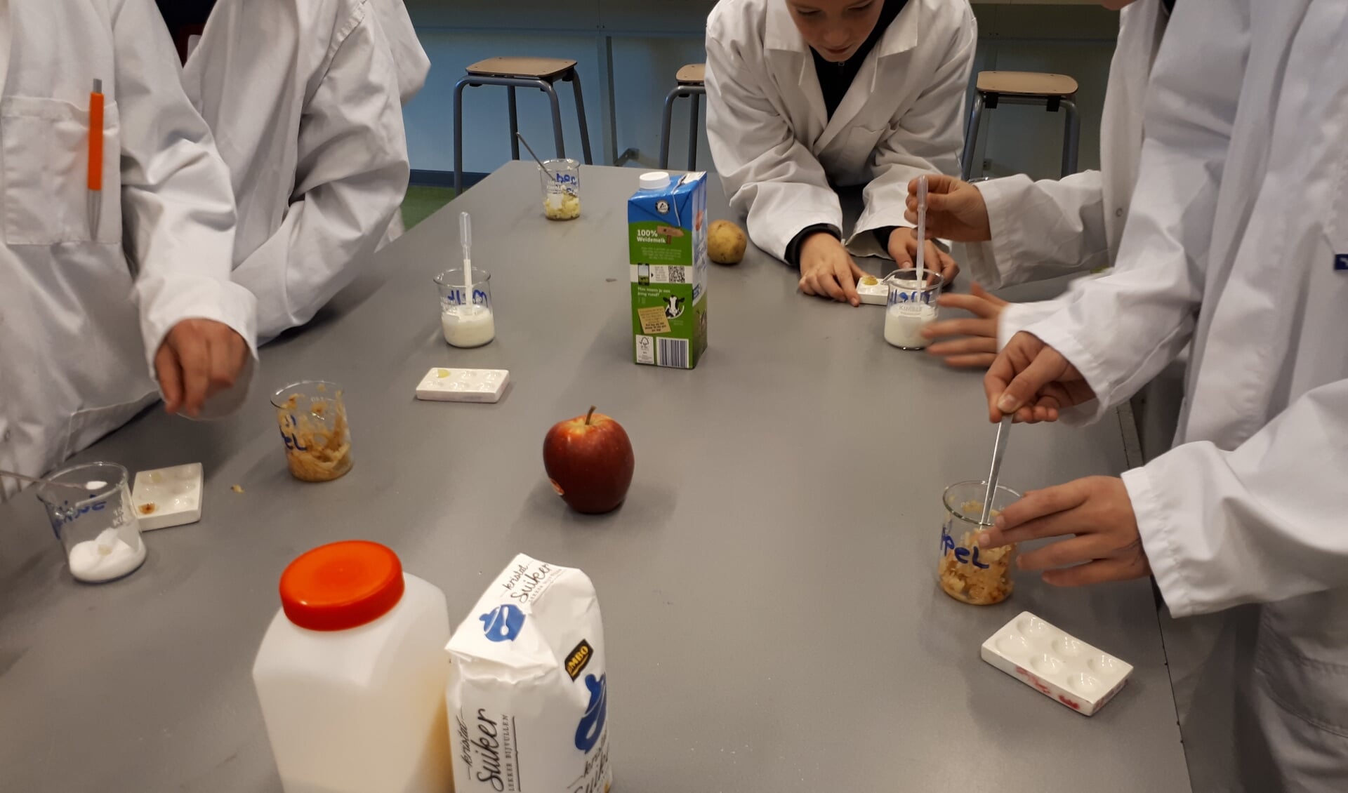 Kinderen van groep 8 experimenteren met jodium tijdens de meeloopdagen op Metameer jenaplan Boxmeer. 