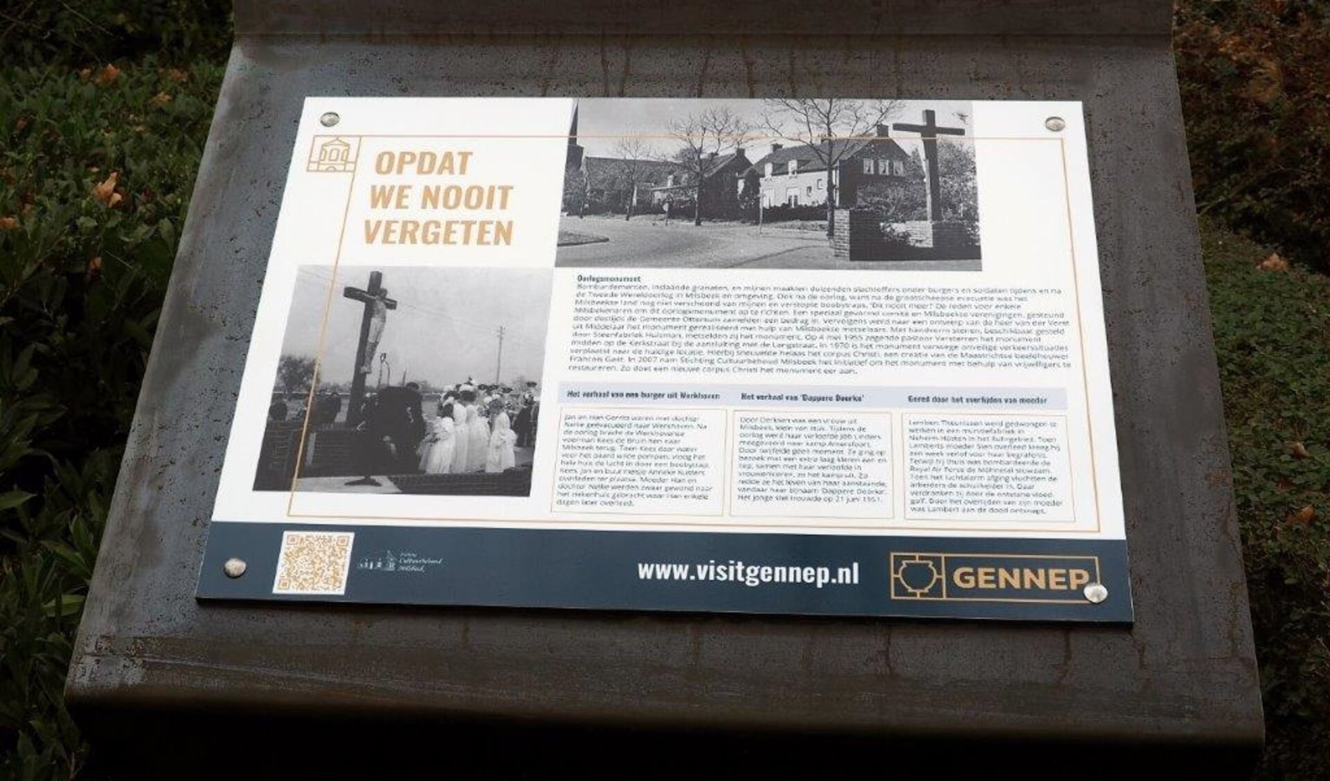 Het informatiebord bij het Monument Burgerslachtoffers in Milsbeek.