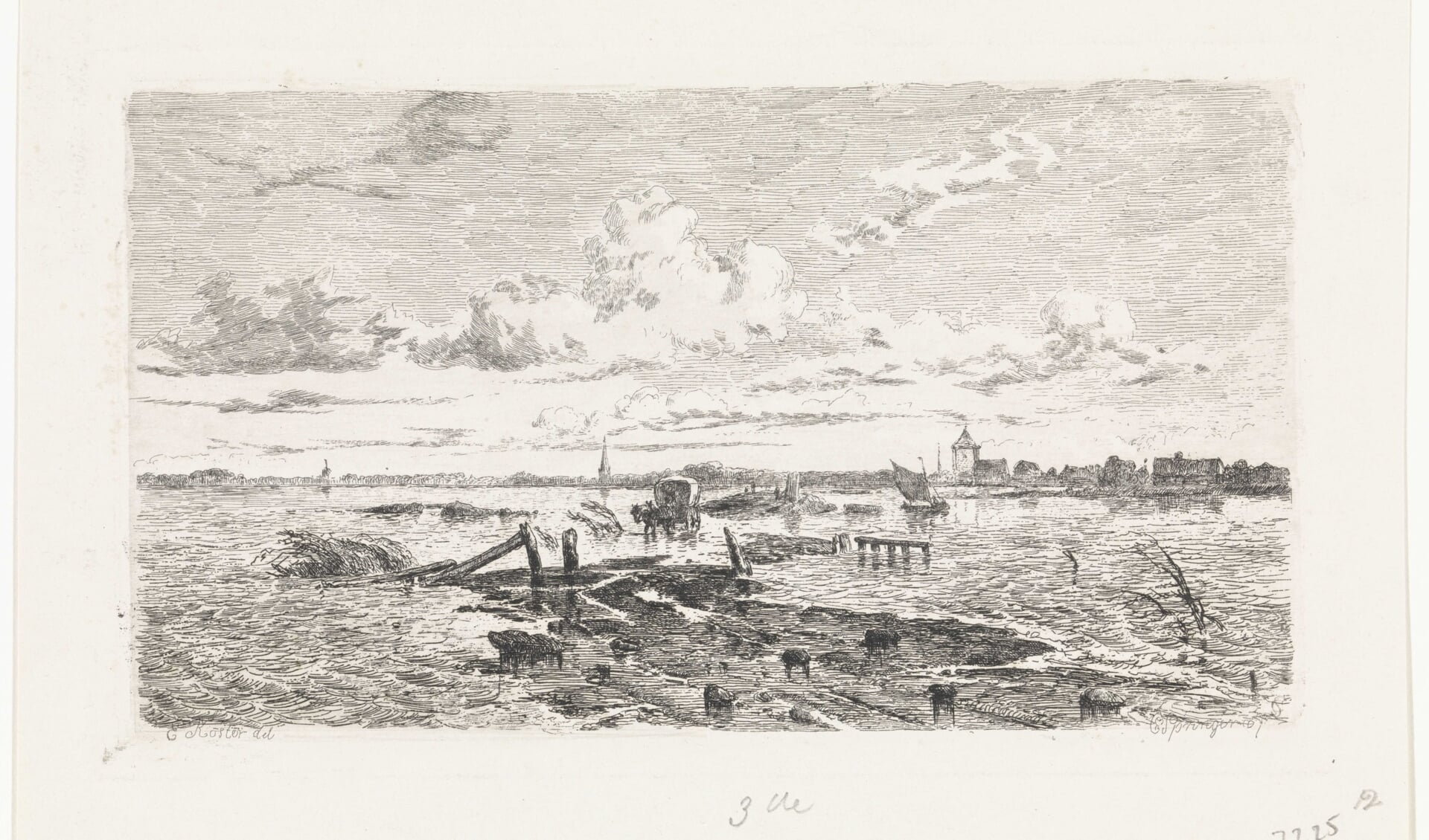 Overstroomd landschap tussen Oss en Lith (1855). (Bron: Rijksmuseum)