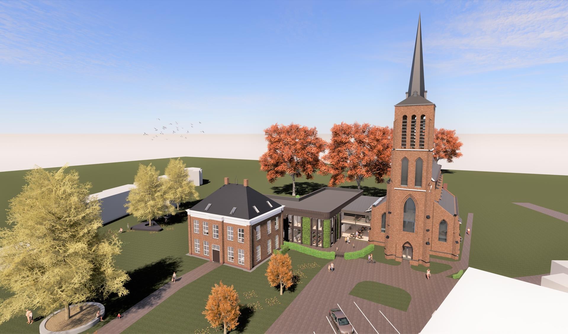 Impressie van de nieuwe Petrus- en Paulusschool en woningen aan en in de kerk in Eerde. 