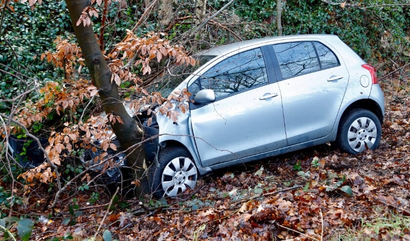 <p>De auto is in de berm tegen een boom terecht gekomen. (foto: SK-Media)</p>