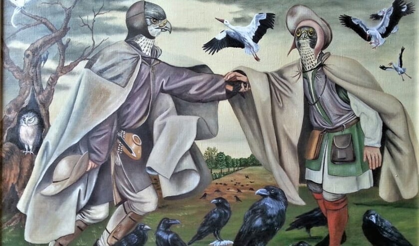 <p>Een van de exposanten tijdens de 'Wintersalon 22' in KuBra-Art galerie in Rosmalen is Adrianus de Bie. Hij maakt naïeve surrealistische olieverfschilderijen. Dit werk heeft als titel 'De Vogelaars'.</p>
