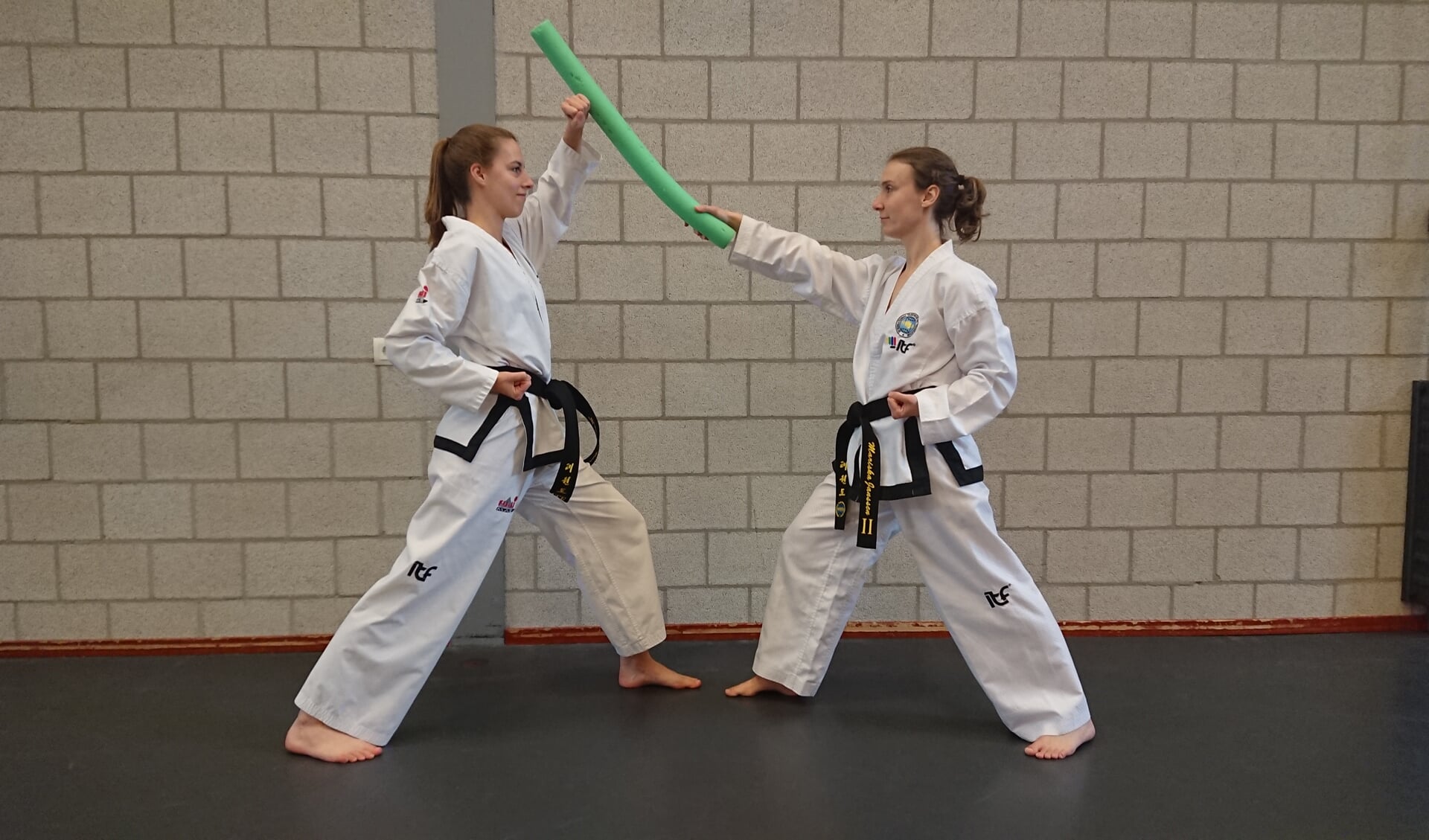 Manon de Rooij (links) en Mariska Janssen gaan Taekwon-Do-lessen voor kinderen met een fysieke beperking geven. 