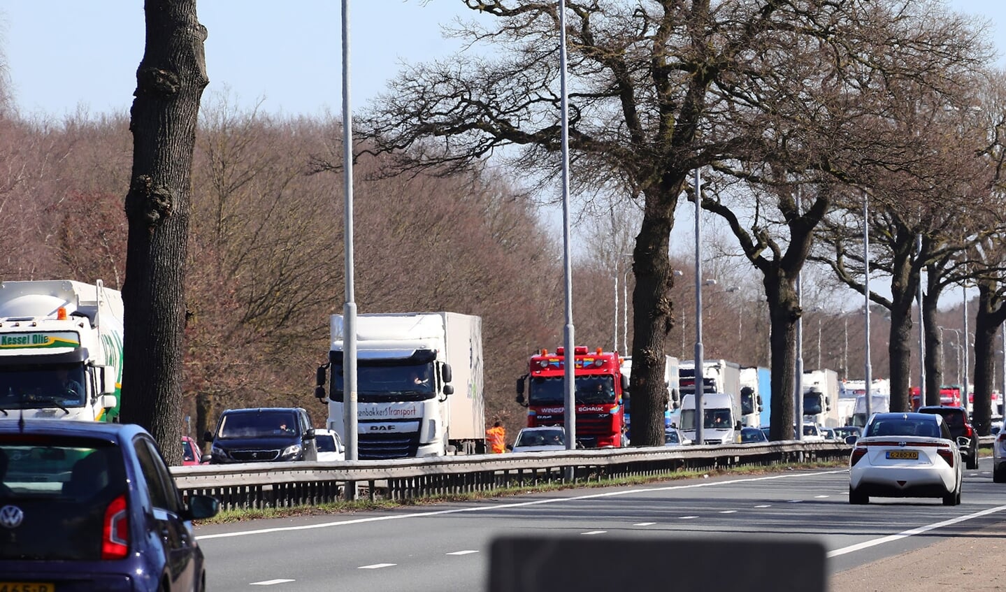 File op A59 na ongeval vrachtwagen op A59. (Foto: Charles Mallo, Foto Mallo)