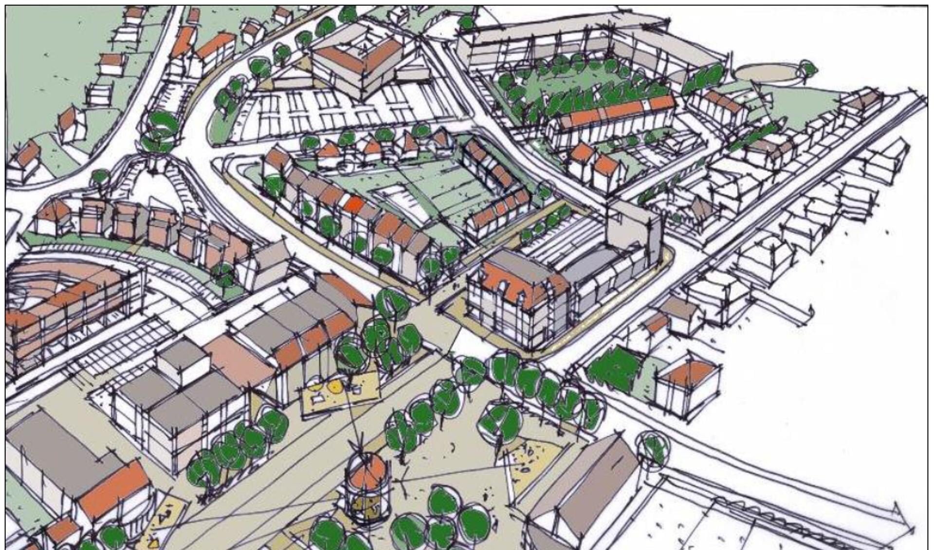 Een schets met de toekomstplannen voor het dorpshart van Sint Anthonis.